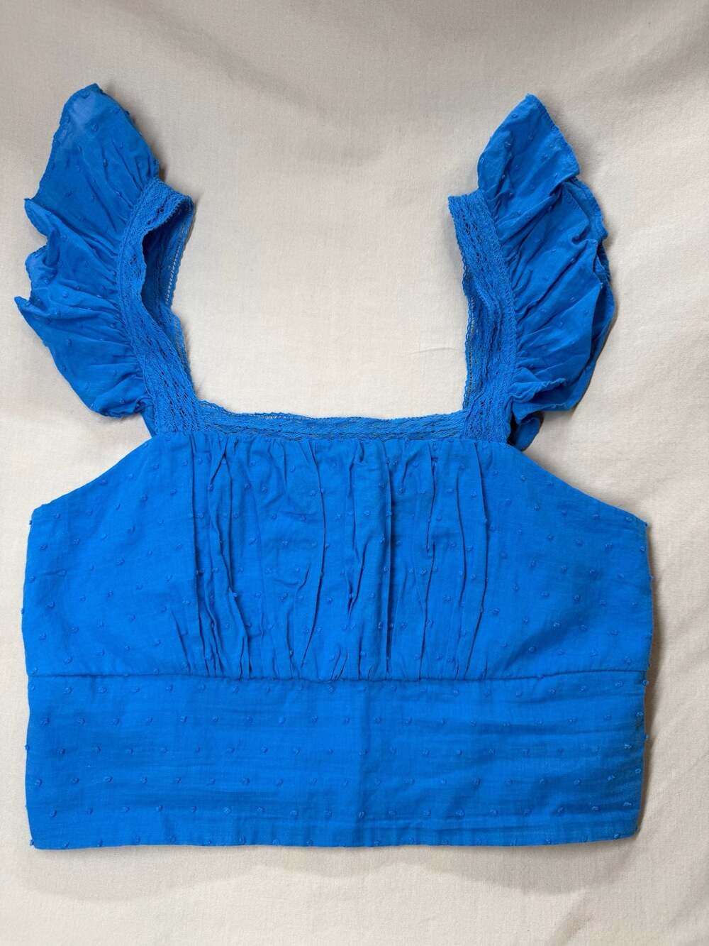 mi ami for francesca's Lidia Blue Swiss Dot Ruffle Crop Top Size M